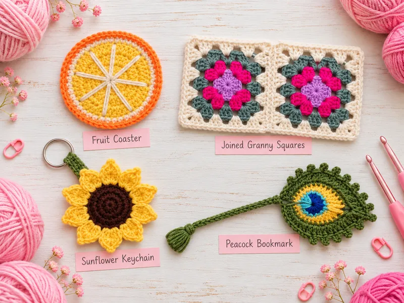 Crochet fruit coaster, joined granny squares, sunflower keychain and peacock bookmark