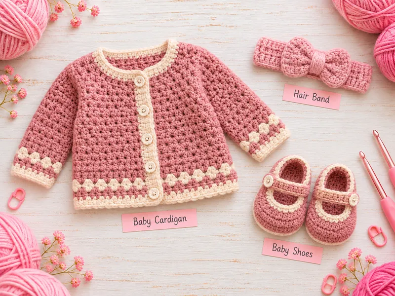 Crochet baby cardigan, hair band and baby shoes