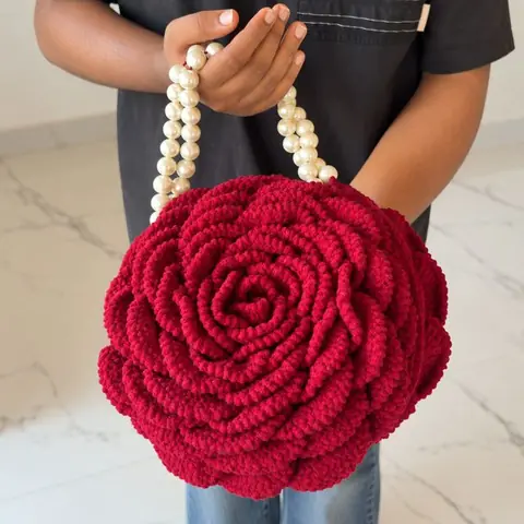 Red crochet rose bag with pearl handle